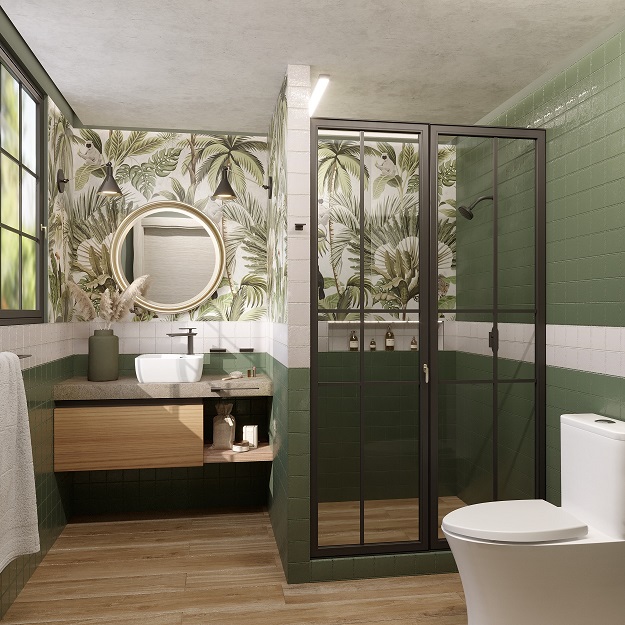 Baño con diseño biofìlico que contiene elementos naturales con una paleta en verdes, cafès, piso de madera y WC de alta tecnologìa