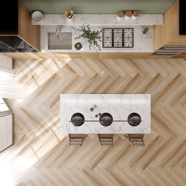 Cocina de hogar vista desde arriba con piso de madera, elementos naturales y tonos claros